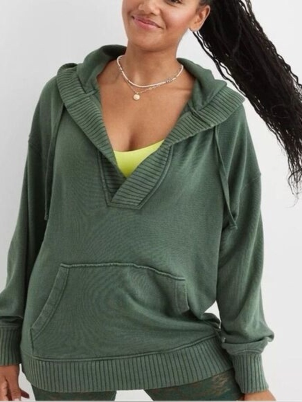 Aerie Down To Earth Henley Hoodie Oversized Fleece Green Size Small Oversized